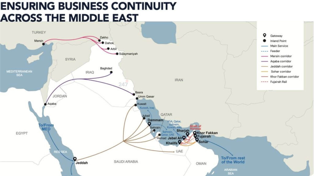 Sơ đồ hành lang logistics CMA CGM Trung Đông kết nối Mersin Aqaba Jeddah Sohar Fujairah