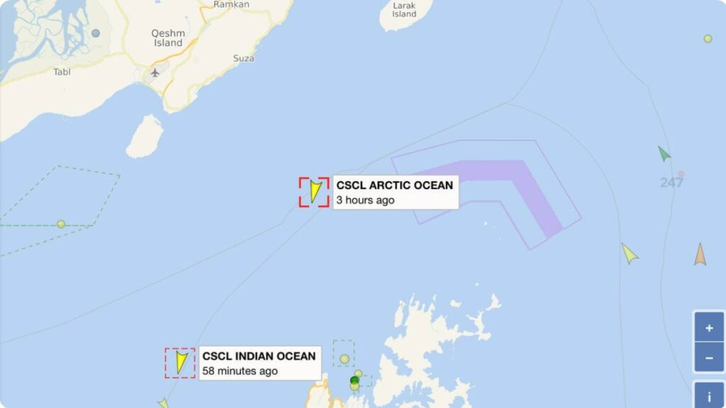 Bản đồ hành trình tàu COSCO quay đầu tại eo biển Hormuz ngày 27/3