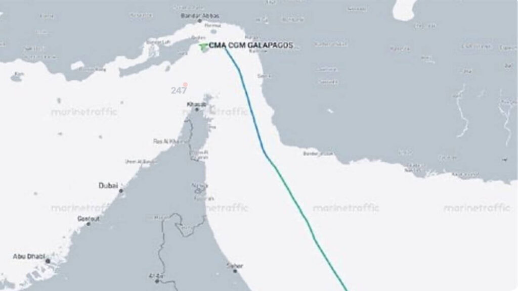 Bản đồ AIS thể hiện hành trình tàu CMA CGM Galapagos sau khi quá cảnh eo biển Hormuz