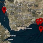 Bản đồ vị trí vụ tấn công tàu hàng trên Biển Đỏ gần Hodeidah (Yemen) và các vụ tấn công gần đây tại Vịnh Aden.